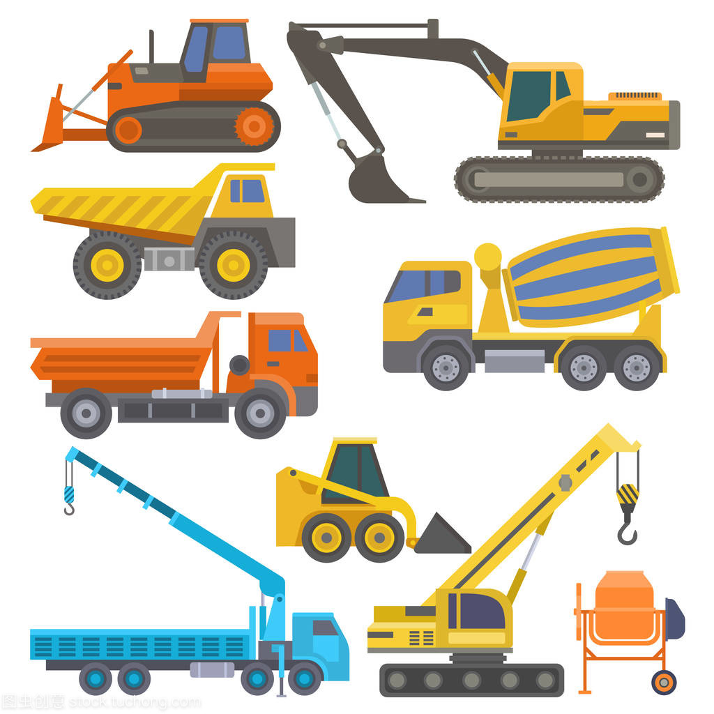 建筑設(shè)備與機(jī)械 卡車、起重機(jī)、推土機(jī)、運(yùn)輸車輛及其矢量圖應(yīng)用